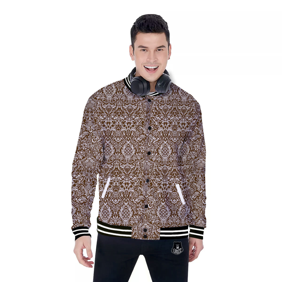 Damask Brown Print Pattern Baseball Jacket-grizzshop