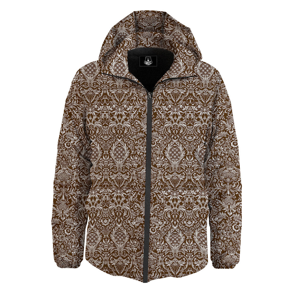 Damask Brown Print Pattern Down Jacket-grizzshop