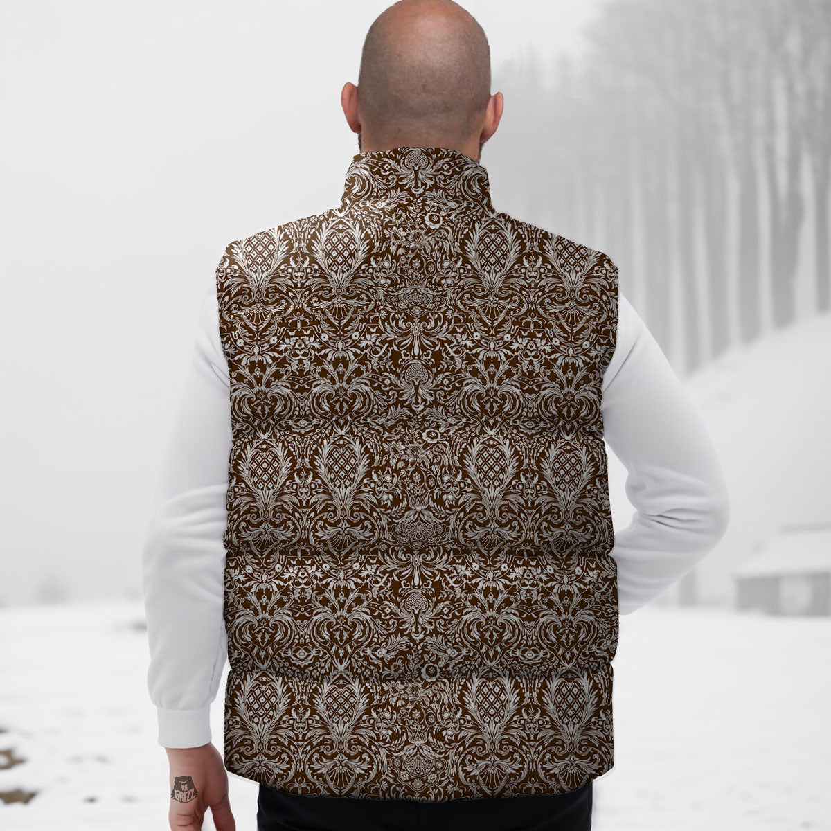 Damask Brown Print Pattern Down Vest