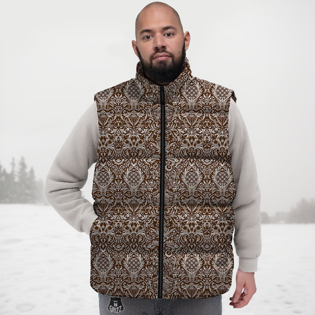 Damask Brown Print Pattern Down Vest
