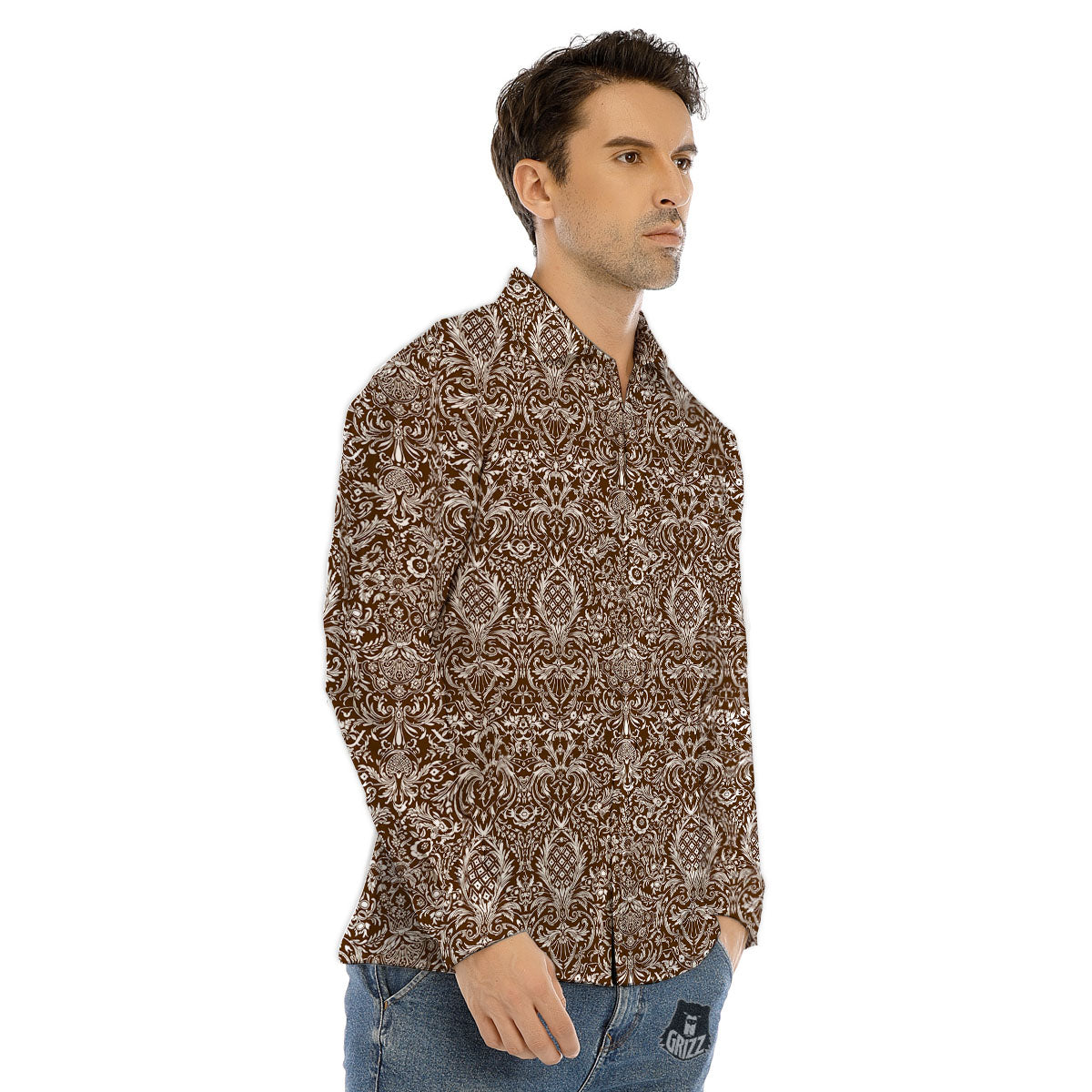 Damask Brown Print Pattern Men's Dress Shirts-grizzshop
