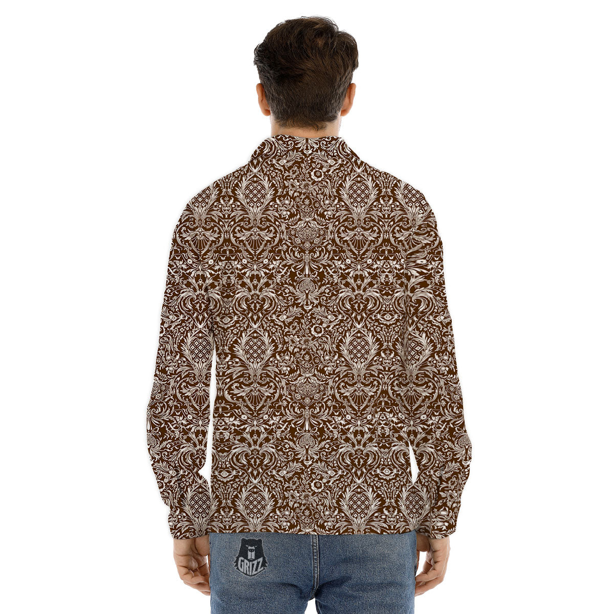 Damask Brown Print Pattern Men's Dress Shirts-grizzshop