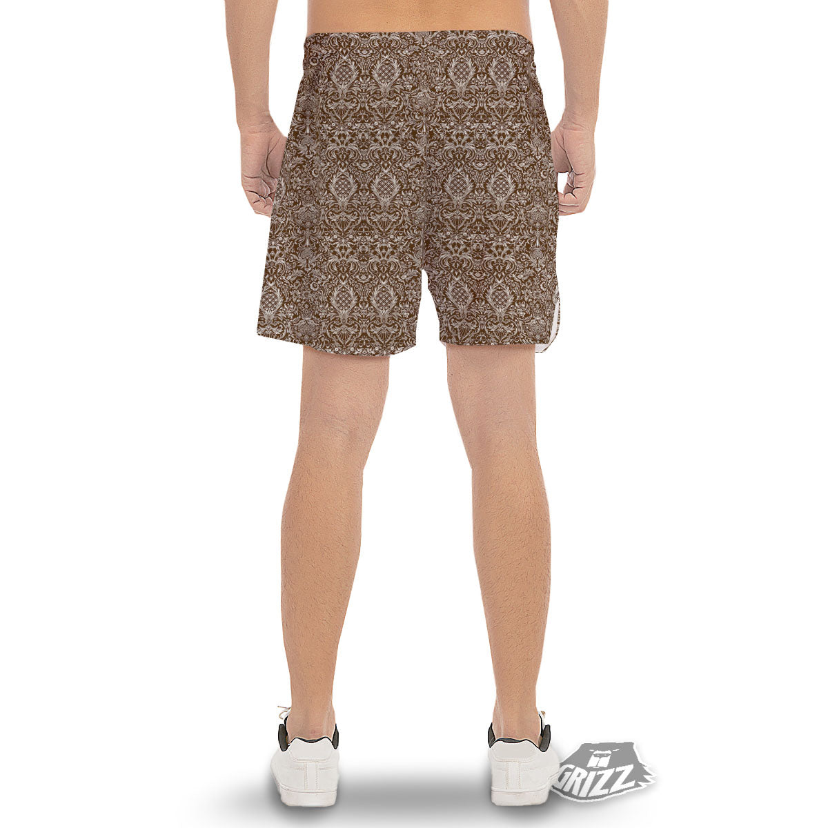 Damask Brown Print Pattern Men's Gym Shorts-grizzshop