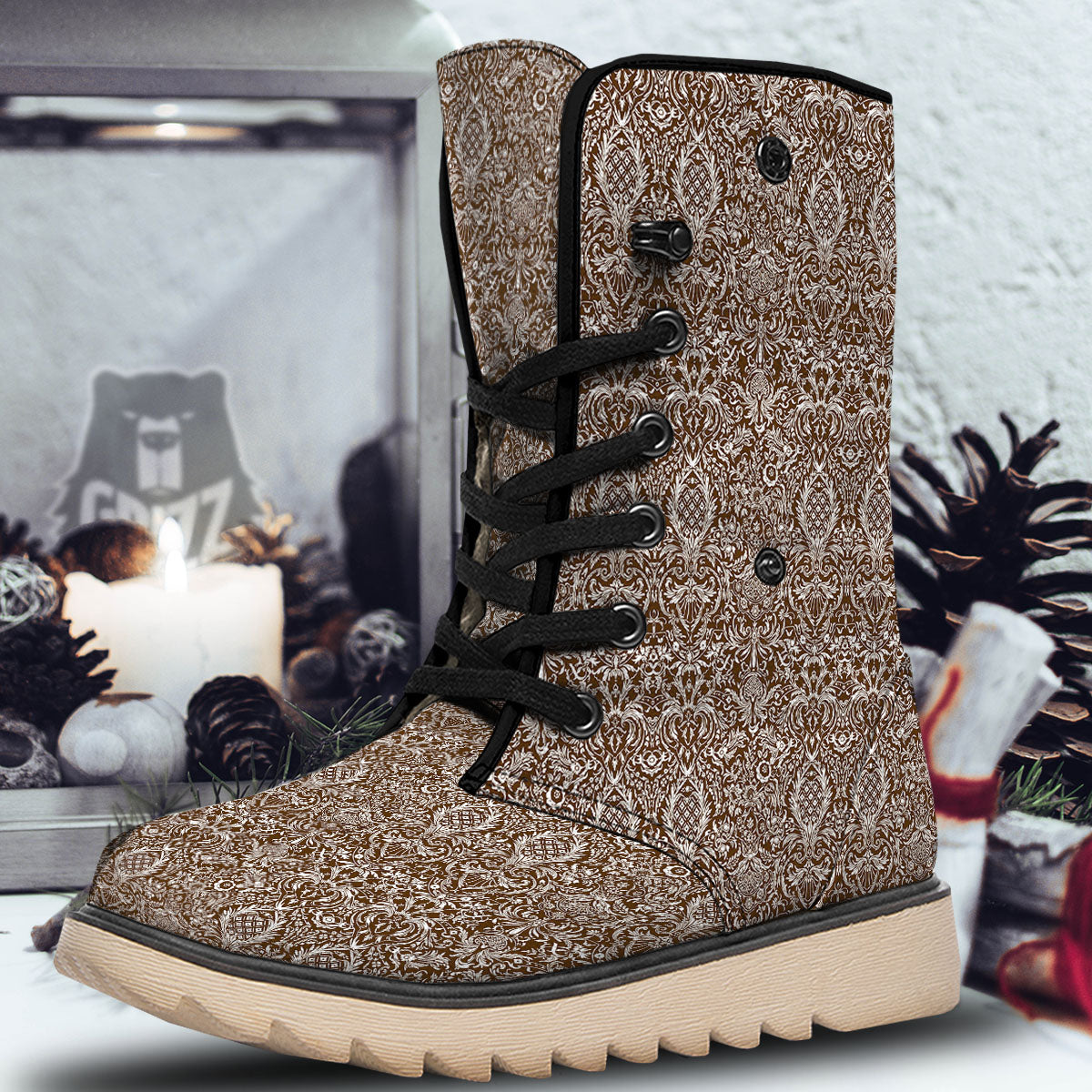 Damask Brown Print Pattern Snow Boots-grizzshop