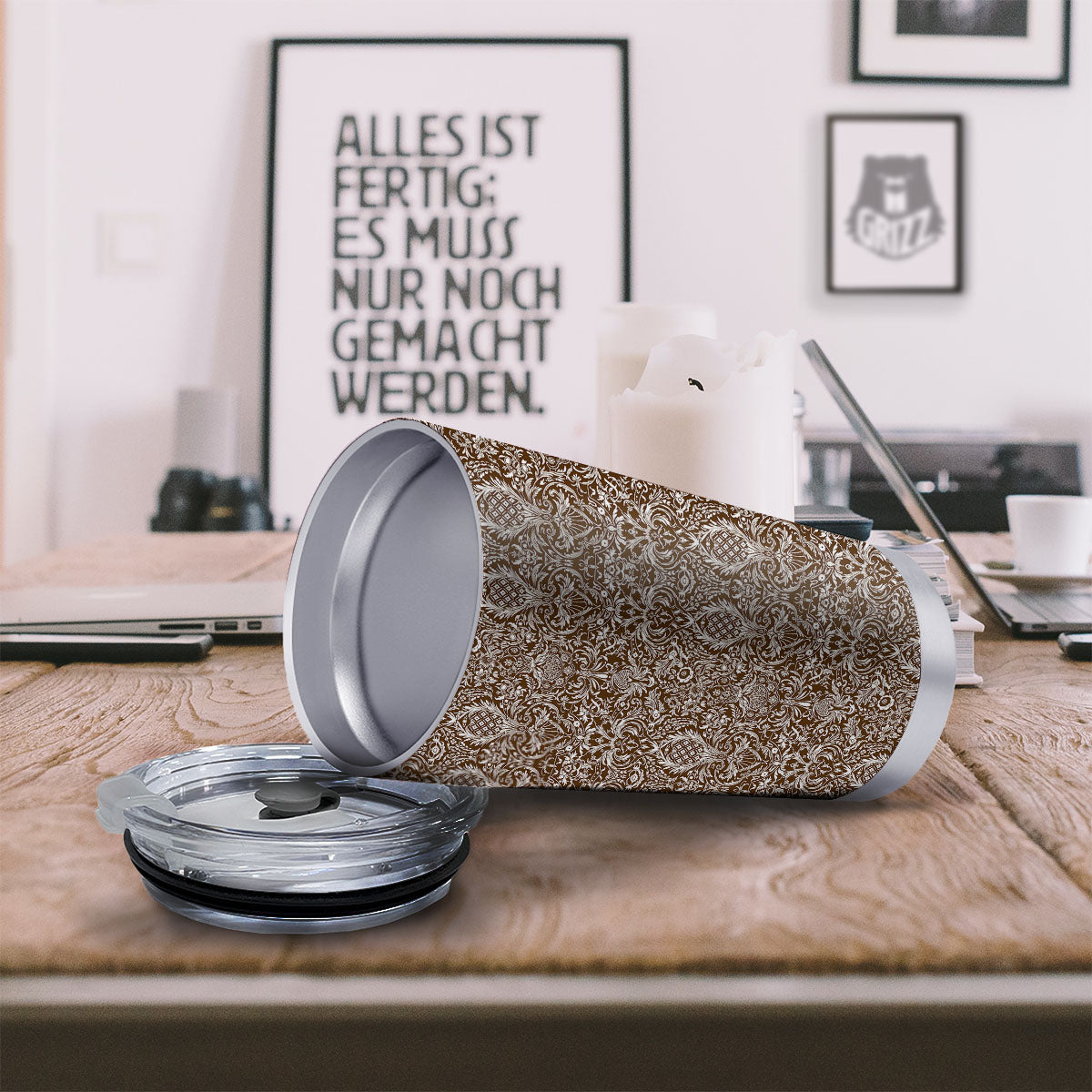 Damask Brown Print Pattern Tumbler-grizzshop
