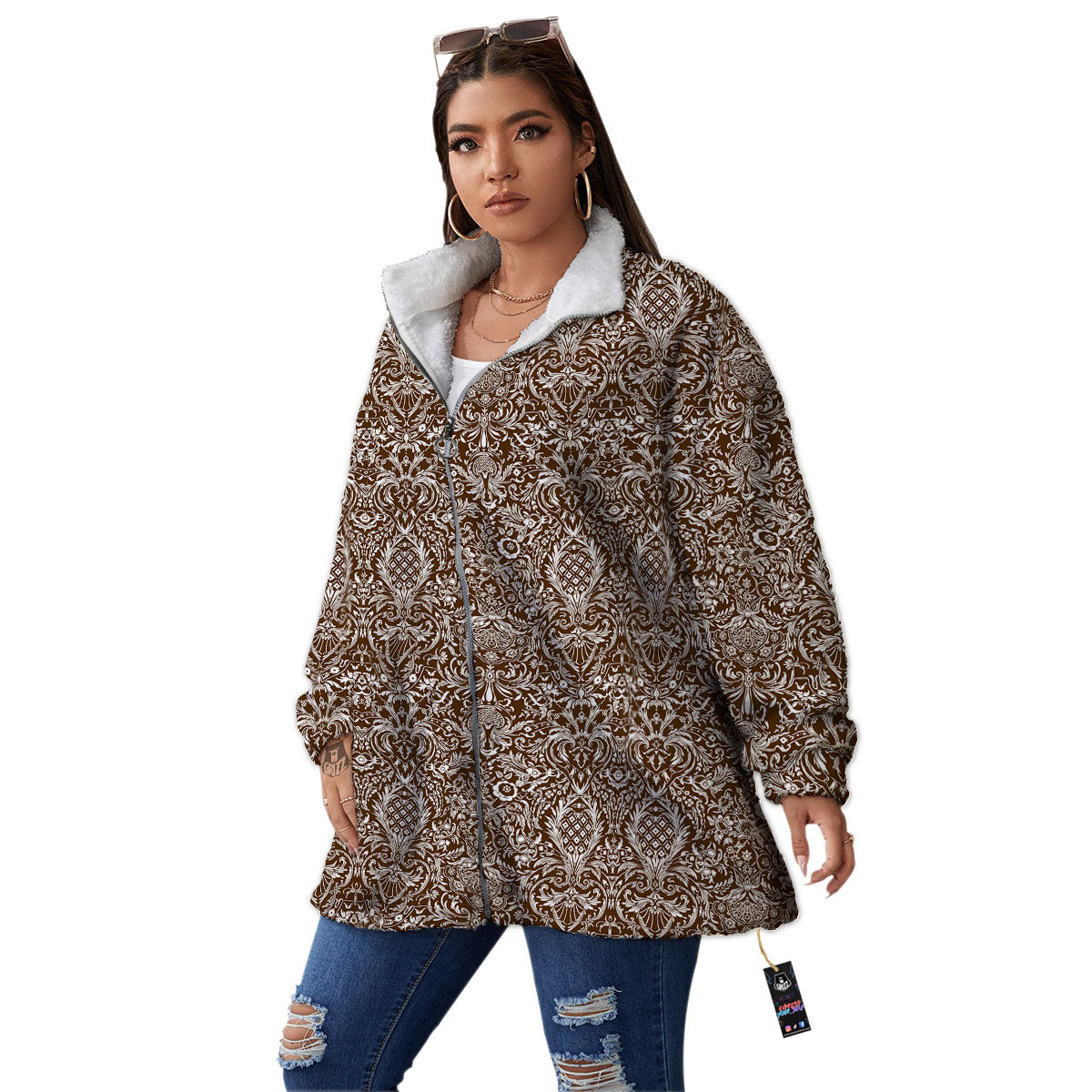 Damask Brown Print Pattern Women's Sherpa Jacket-grizzshop