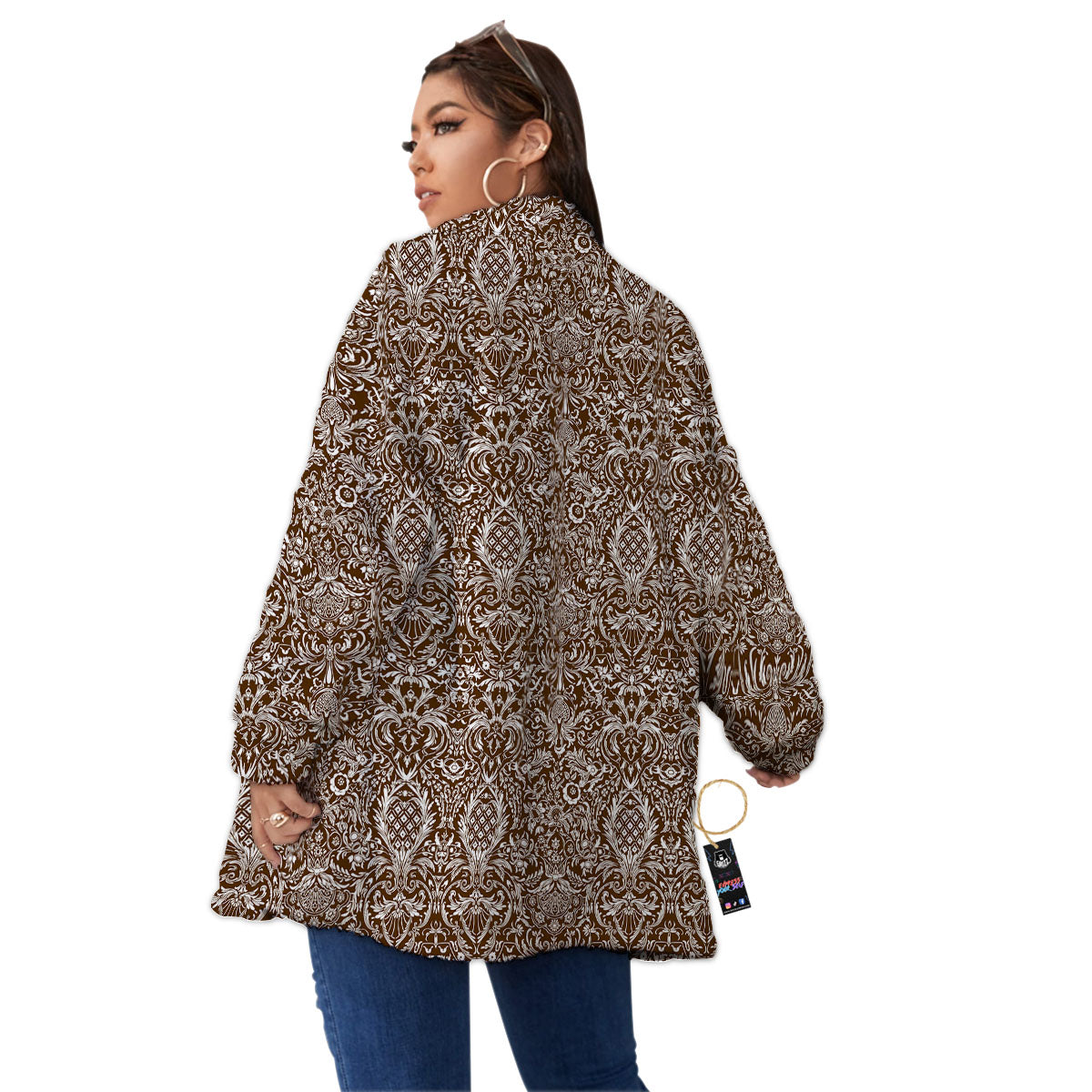Damask Brown Print Pattern Women's Sherpa Jacket-grizzshop