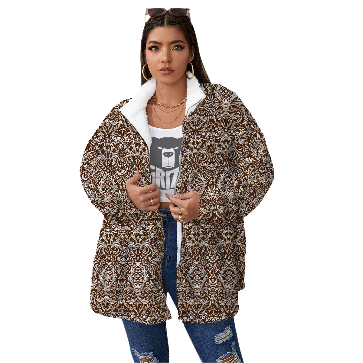 Damask Brown Print Pattern Women's Sherpa Jacket-grizzshop