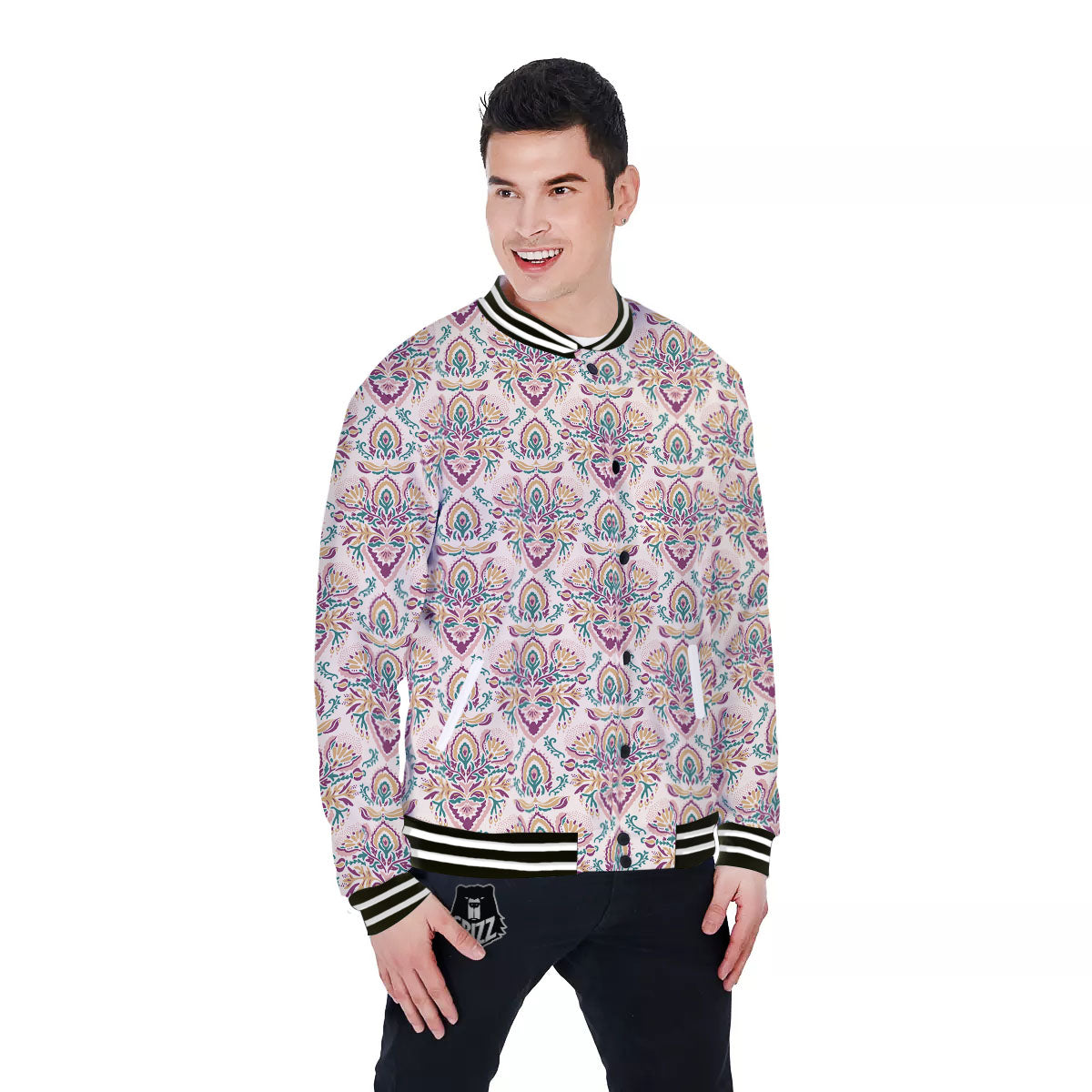 Damask Colorful Print Pattern Baseball Jacket-grizzshop