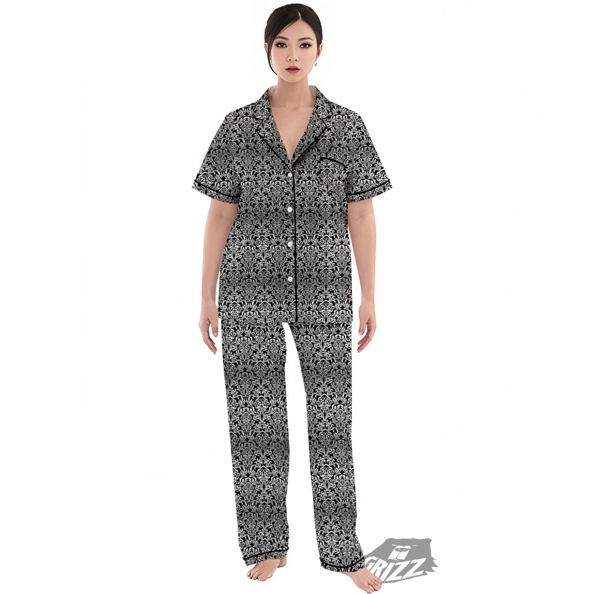 Damask Floral Black Western Print Women's Pajamas Set-grizzshop
