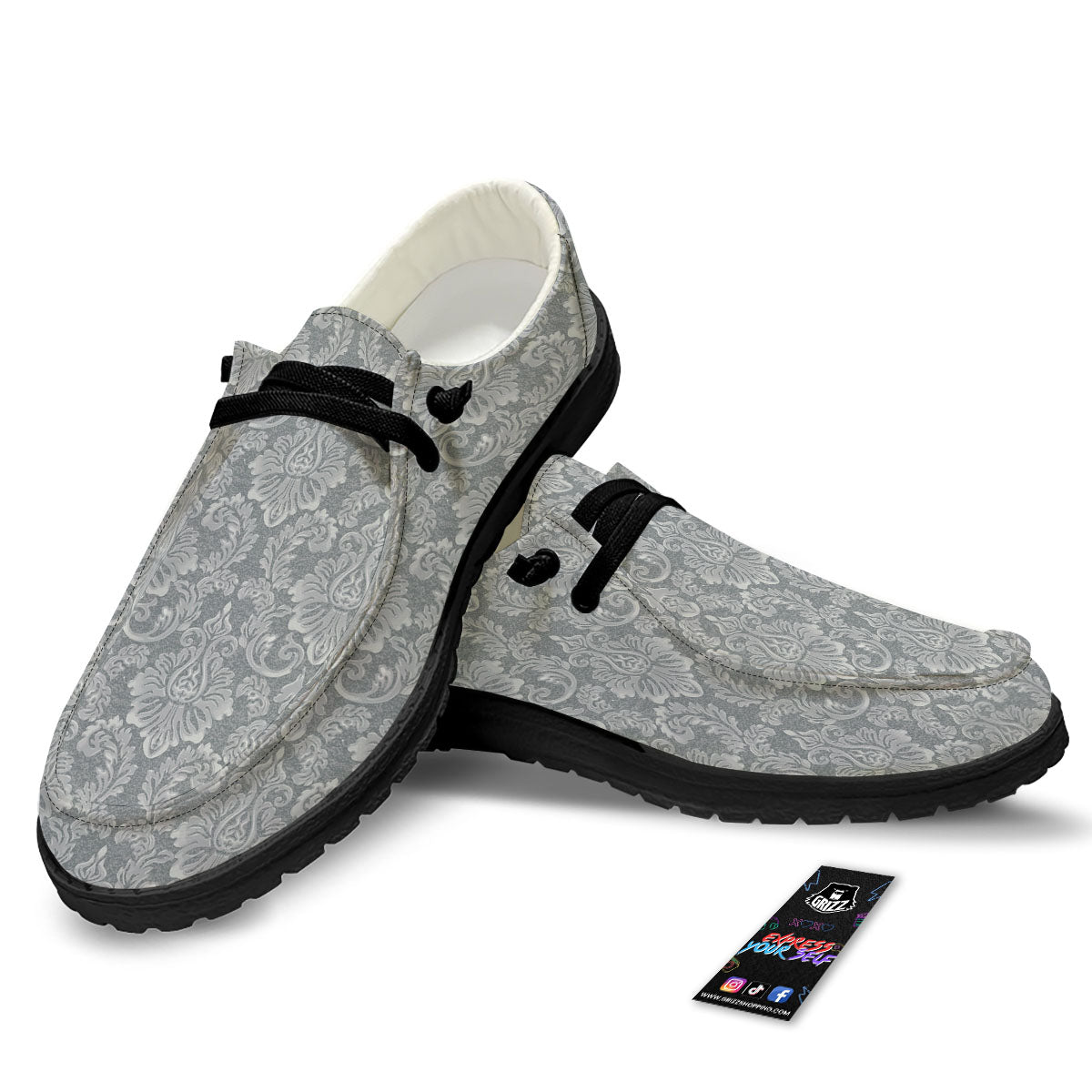 Damask Grey Print Pattern Black Loafers-grizzshop
