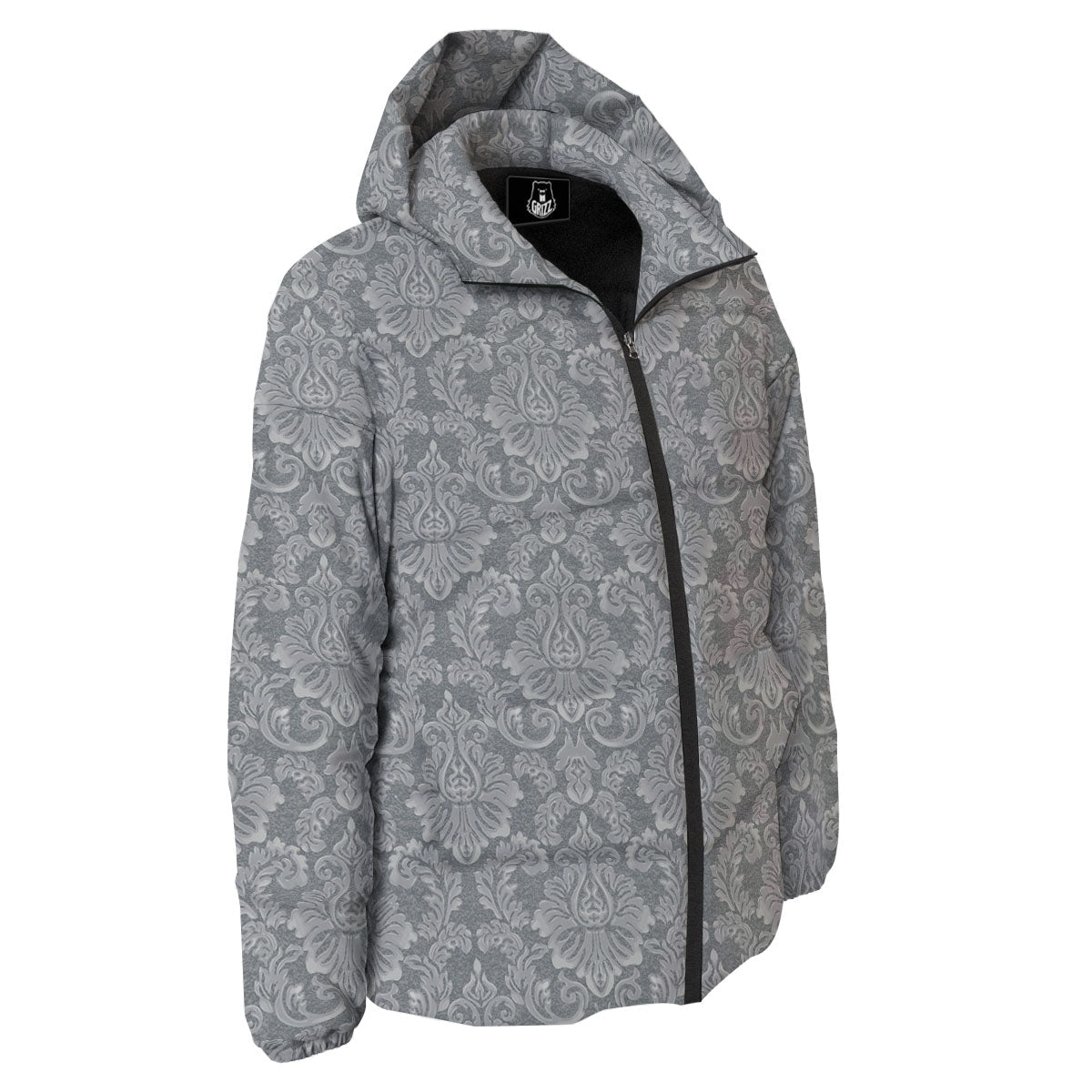 Damask Grey Print Pattern Down Jacket-grizzshop