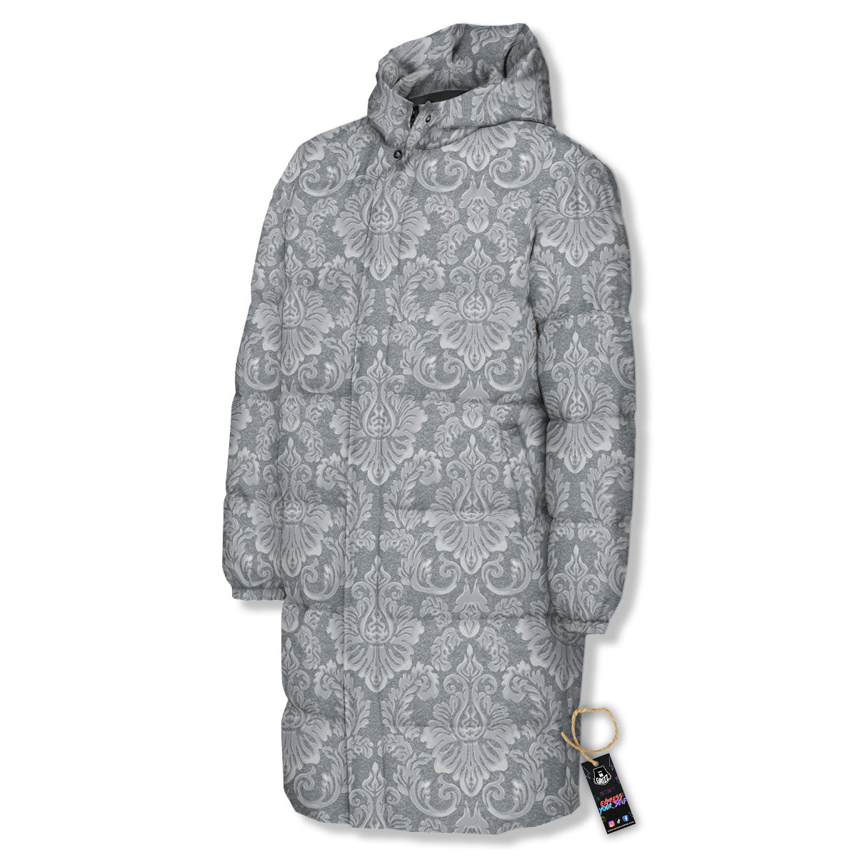 Damask Grey Print Pattern Long Down Jacket-grizzshop