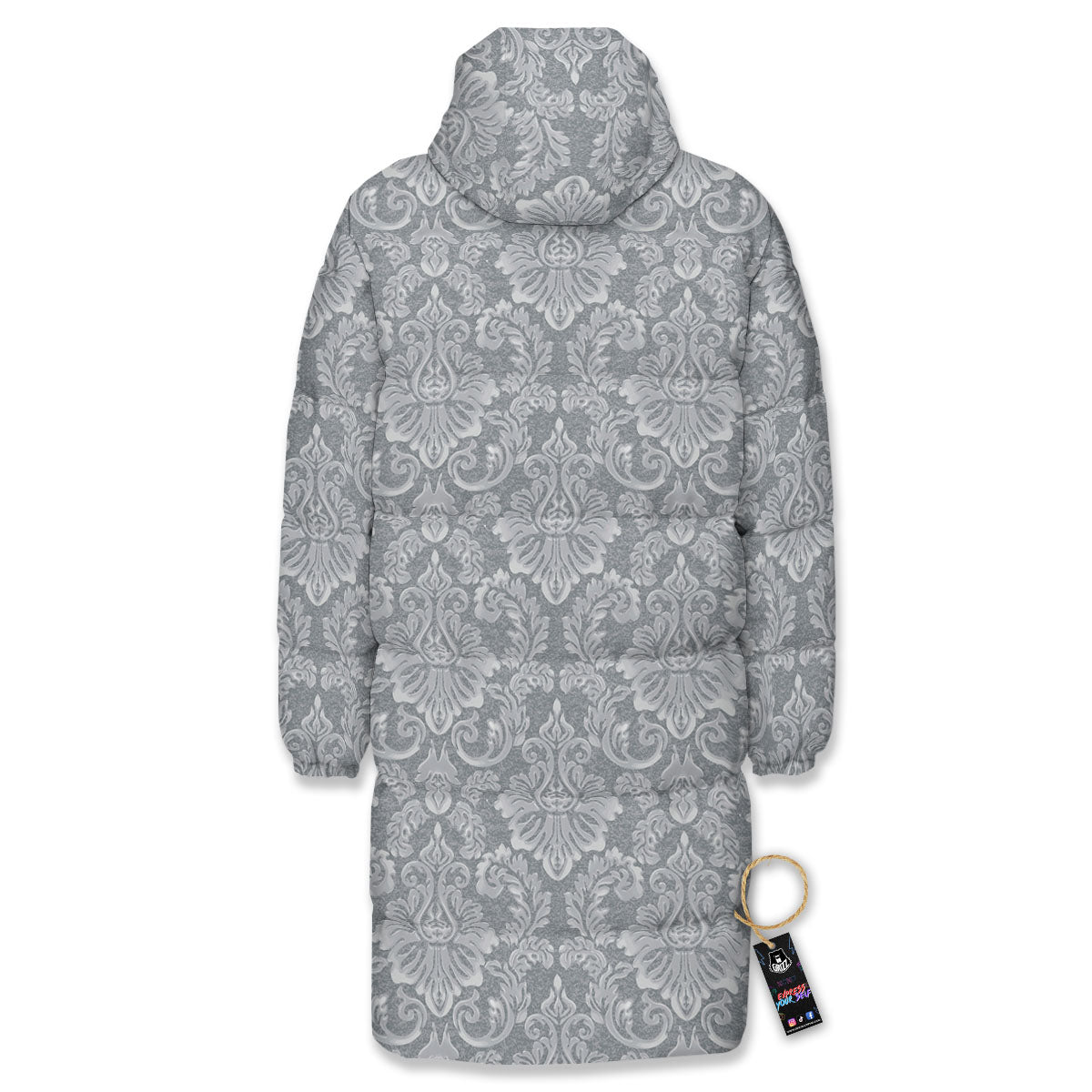 Damask Grey Print Pattern Long Down Jacket-grizzshop