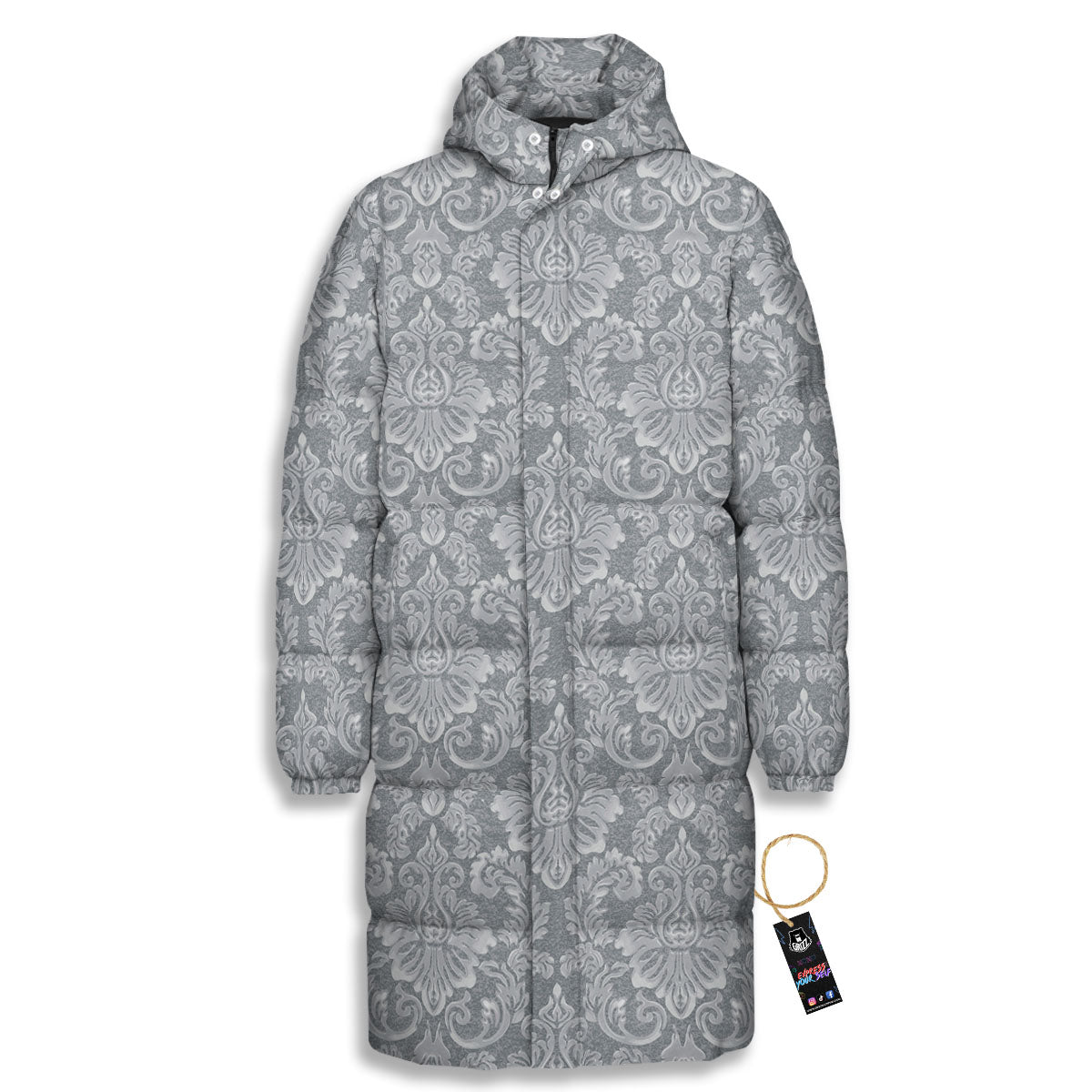 Damask Grey Print Pattern Long Down Jacket-grizzshop