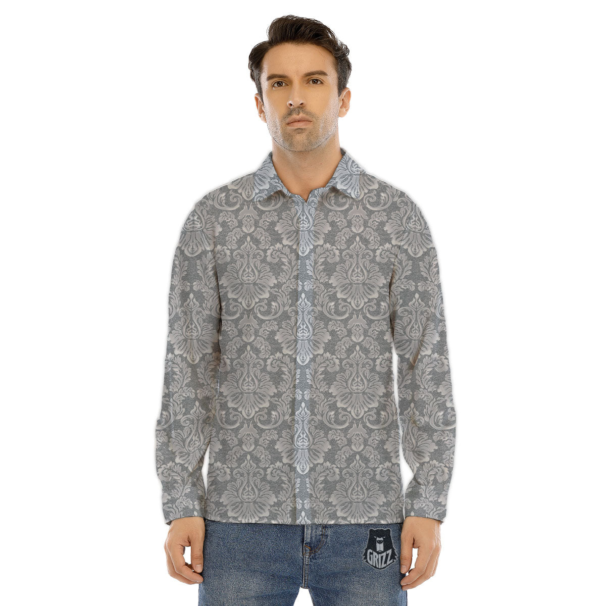 Damask Grey Print Pattern Men's Dress Shirts-grizzshop