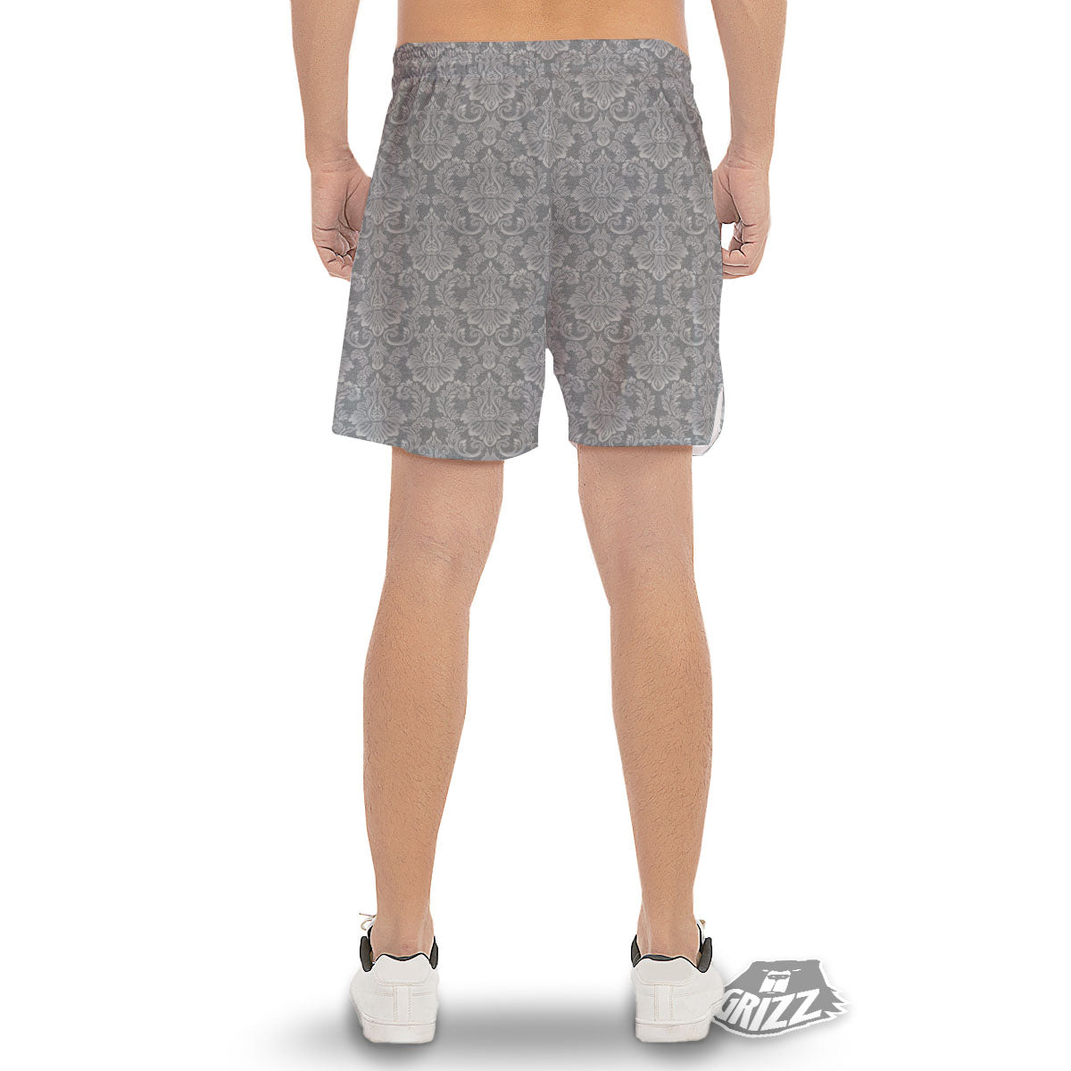 Damask Grey Print Pattern Men's Gym Shorts-grizzshop