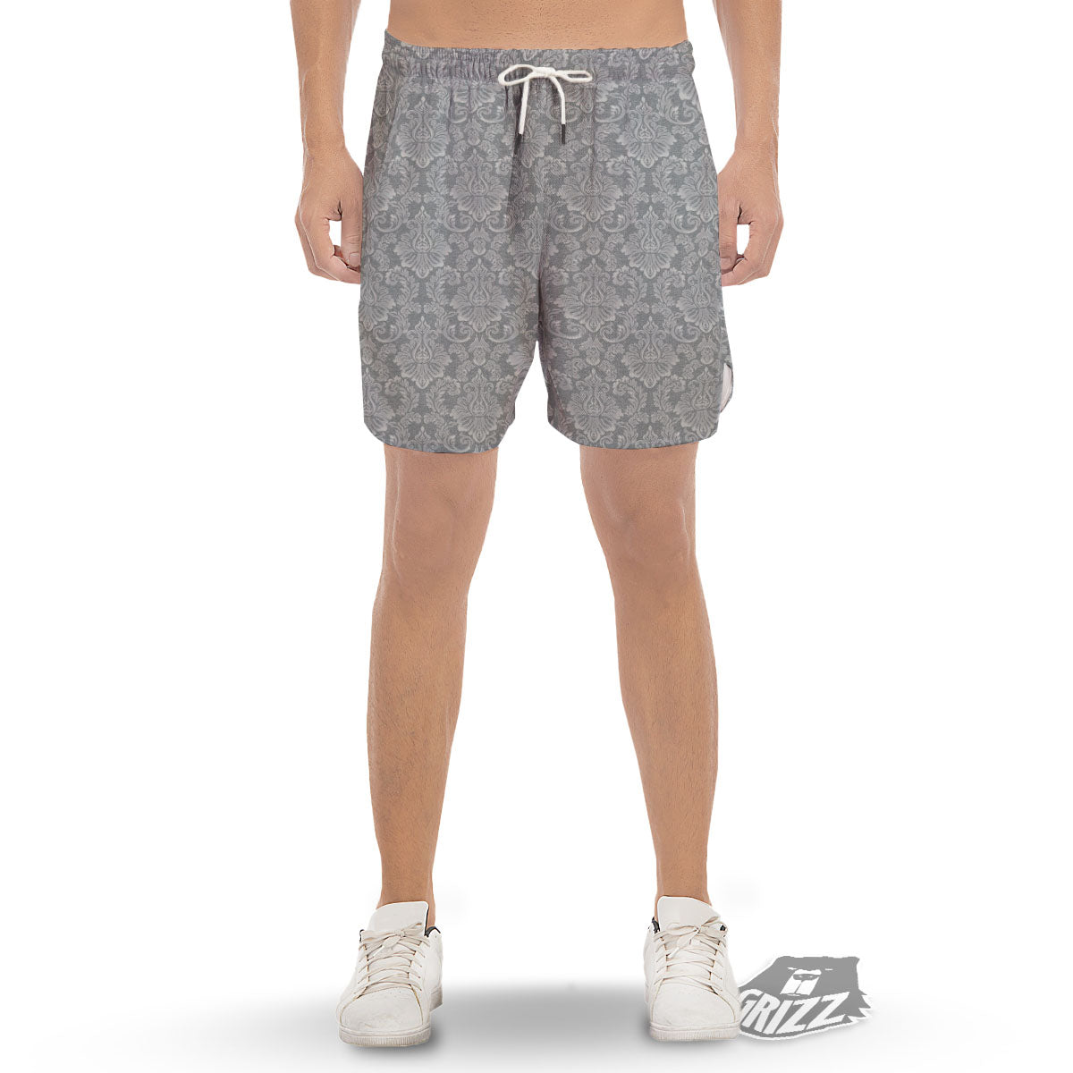 Damask Grey Print Pattern Men's Gym Shorts-grizzshop