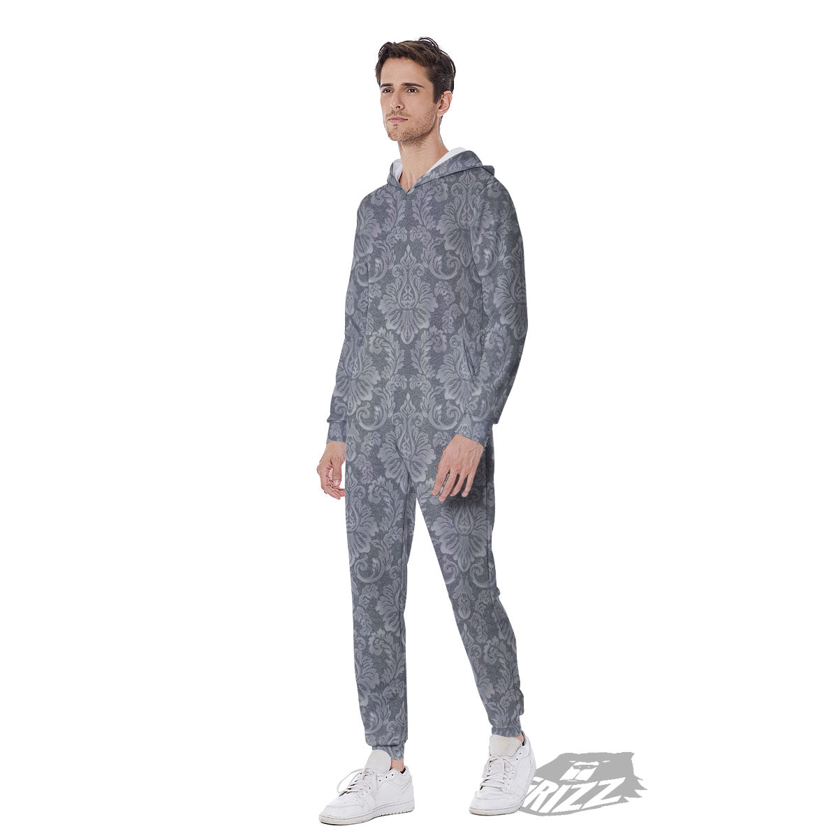 Damask Grey Print Pattern Men's Jumpsuit-grizzshop
