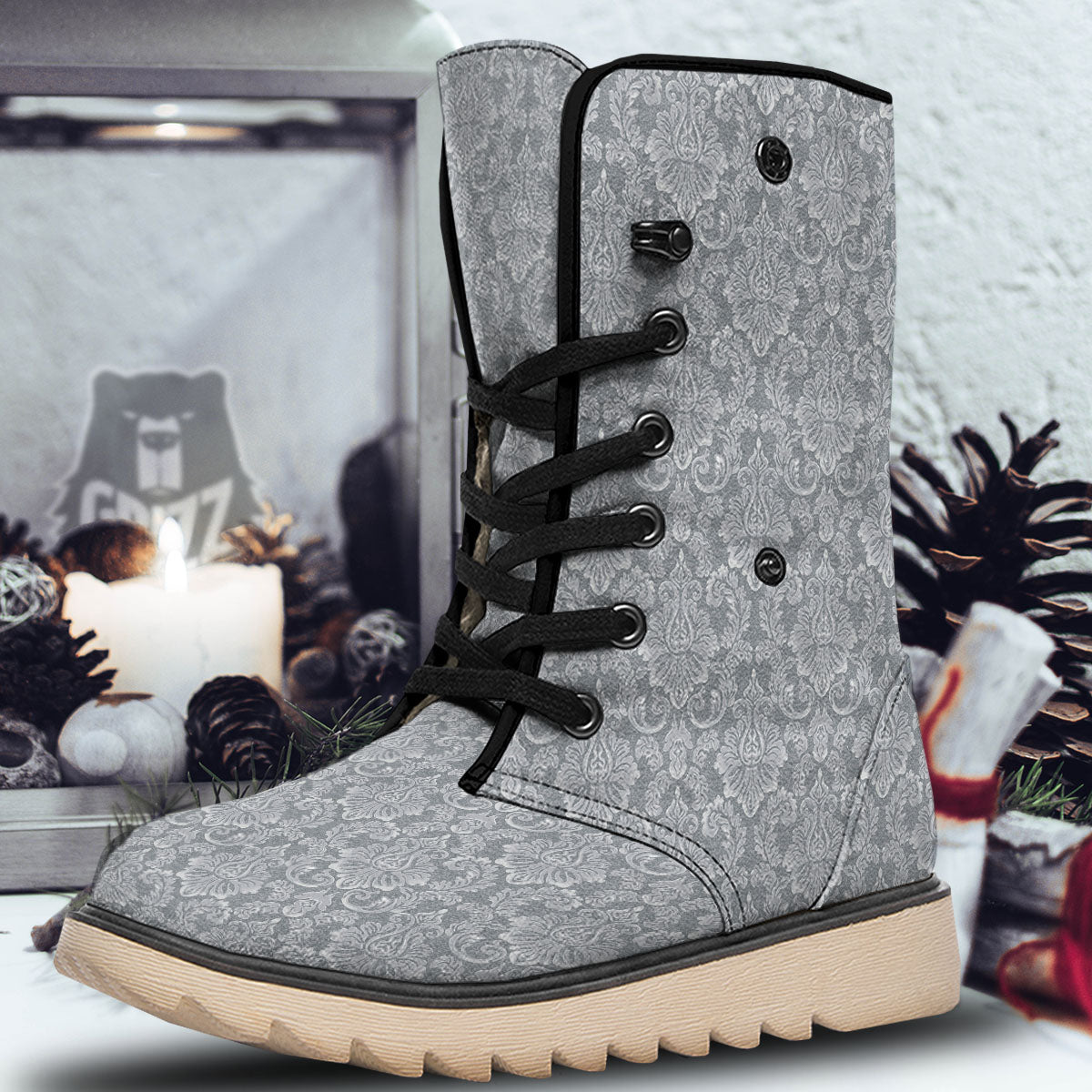Damask Grey Print Pattern Snow Boots-grizzshop