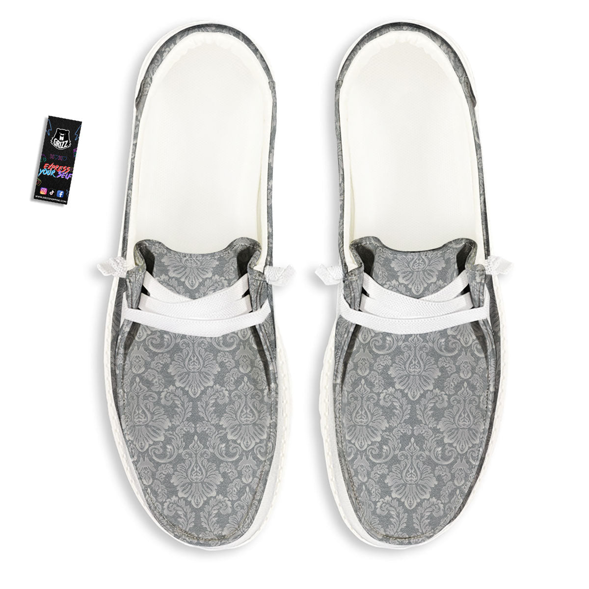 Damask Grey Print Pattern White Loafers-grizzshop