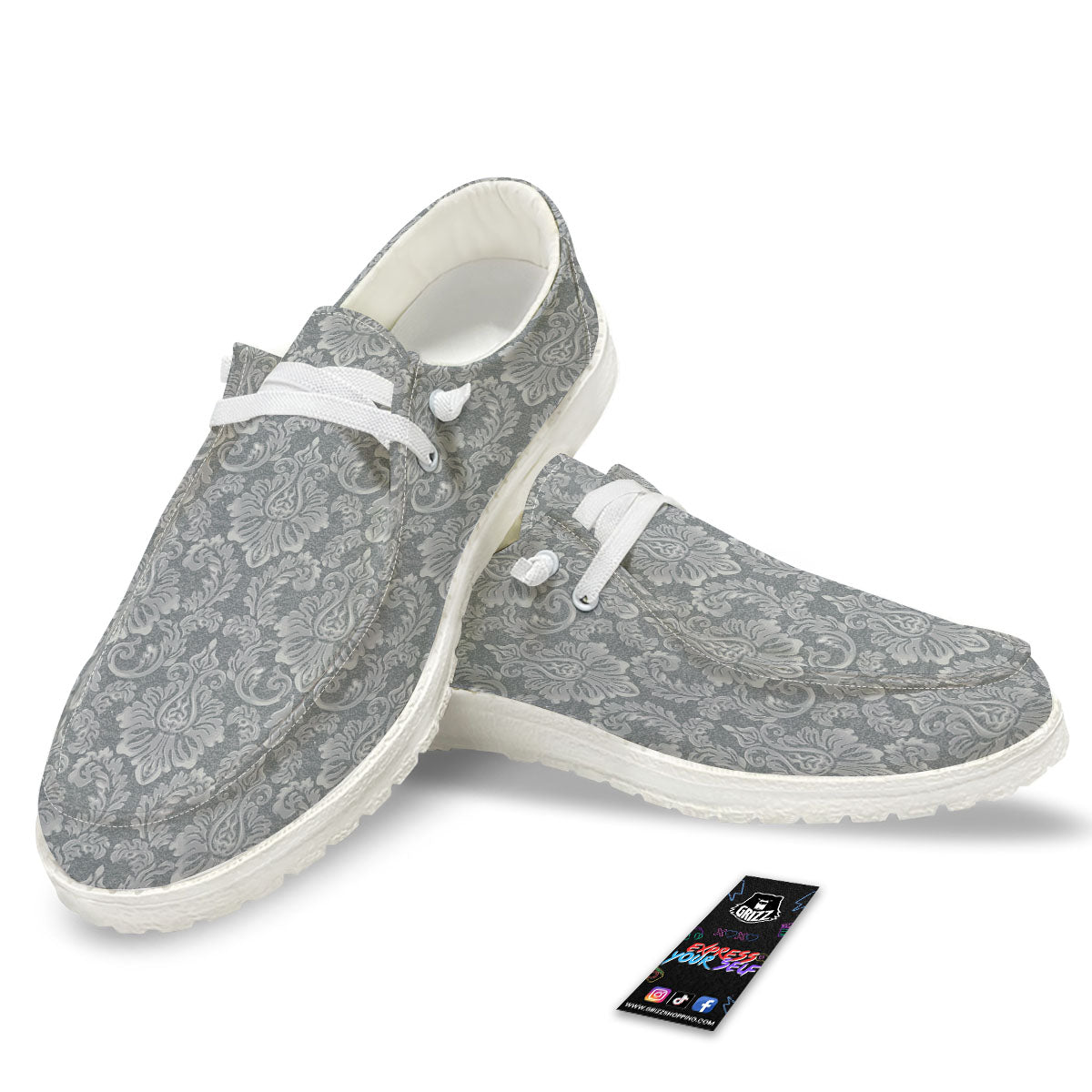 Damask Grey Print Pattern White Loafers-grizzshop