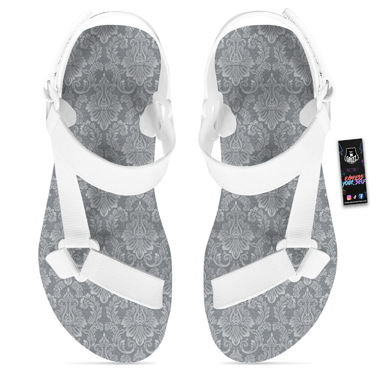 Damask Grey Print Pattern White Open Toe Sandals-grizzshop