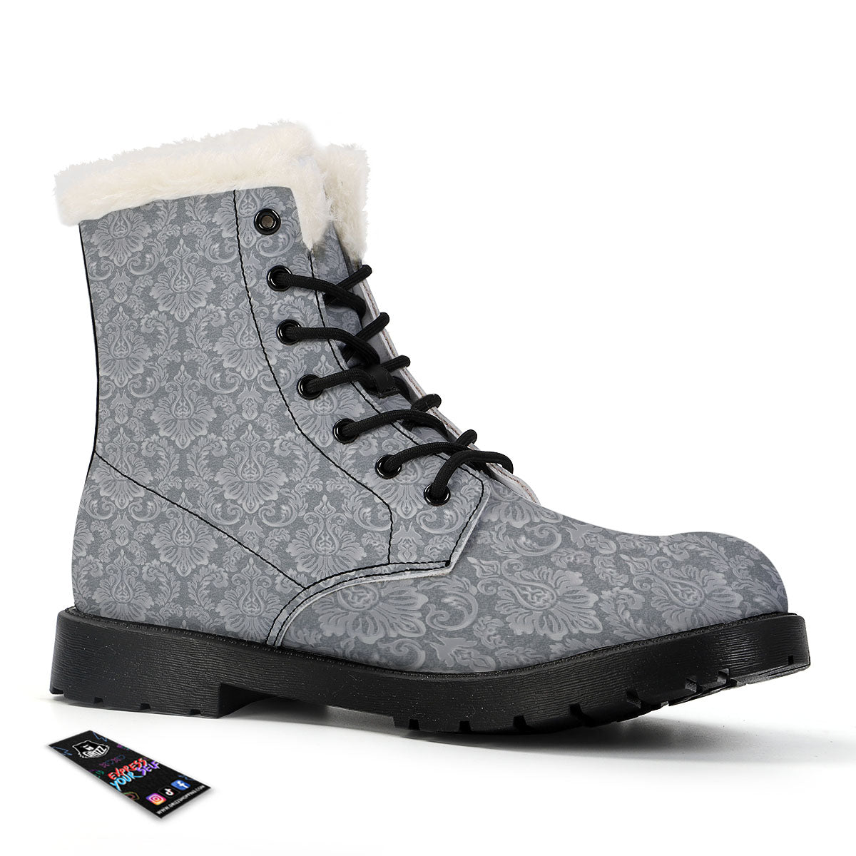 Damask Grey Print Pattern Winter Boots-grizzshop