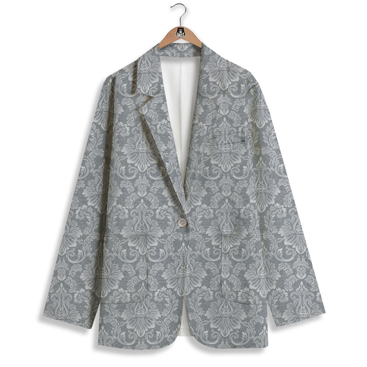 Damask Grey Print Pattern Women's Blazer-grizzshop