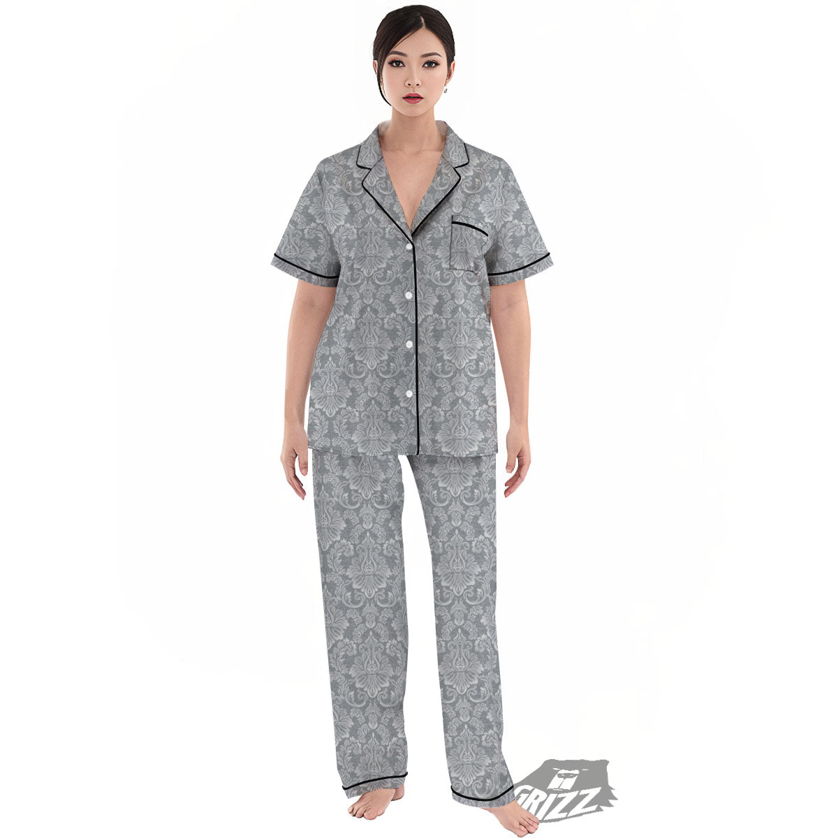 Damask Grey Print Pattern Women's Pajamas Set-grizzshop