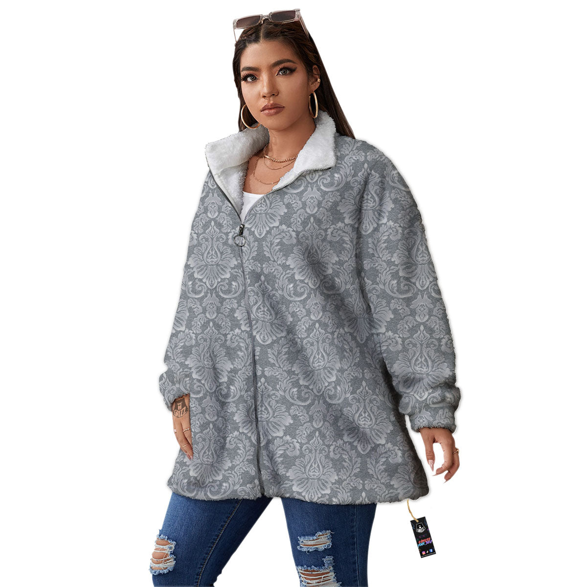 Damask Grey Print Pattern Women's Sherpa Jacket-grizzshop
