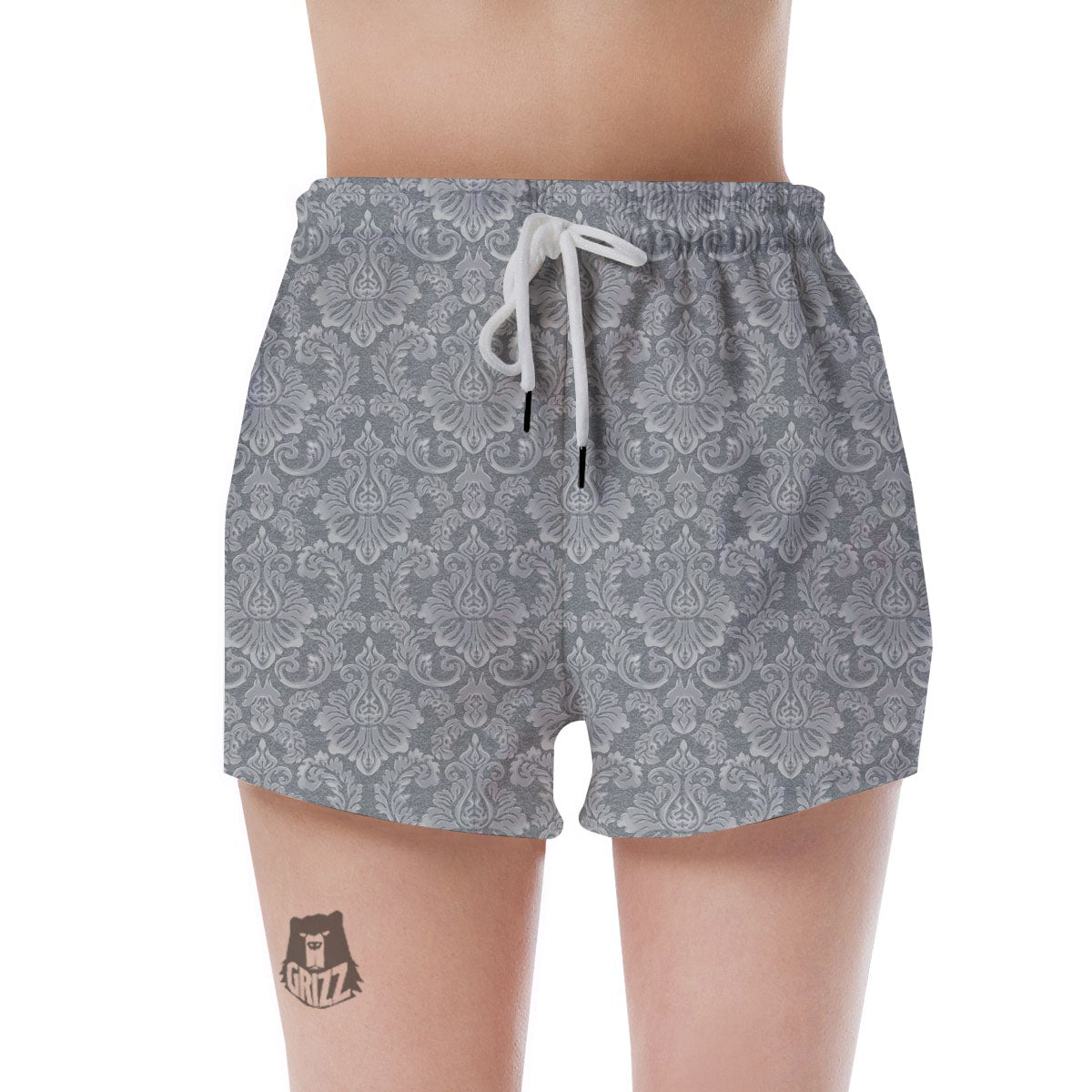 Damask Grey Print Pattern Women's Shorts-grizzshop