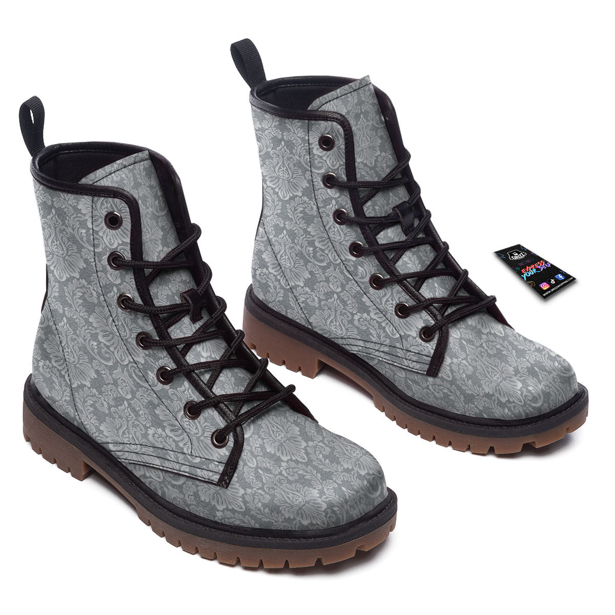Damask Grey Print Pattern Work Boots-grizzshop