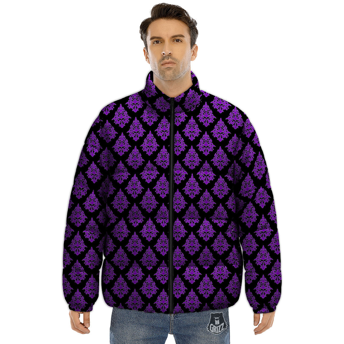 Damask Purple And Black Print Pattern Puffer Jacket-grizzshop