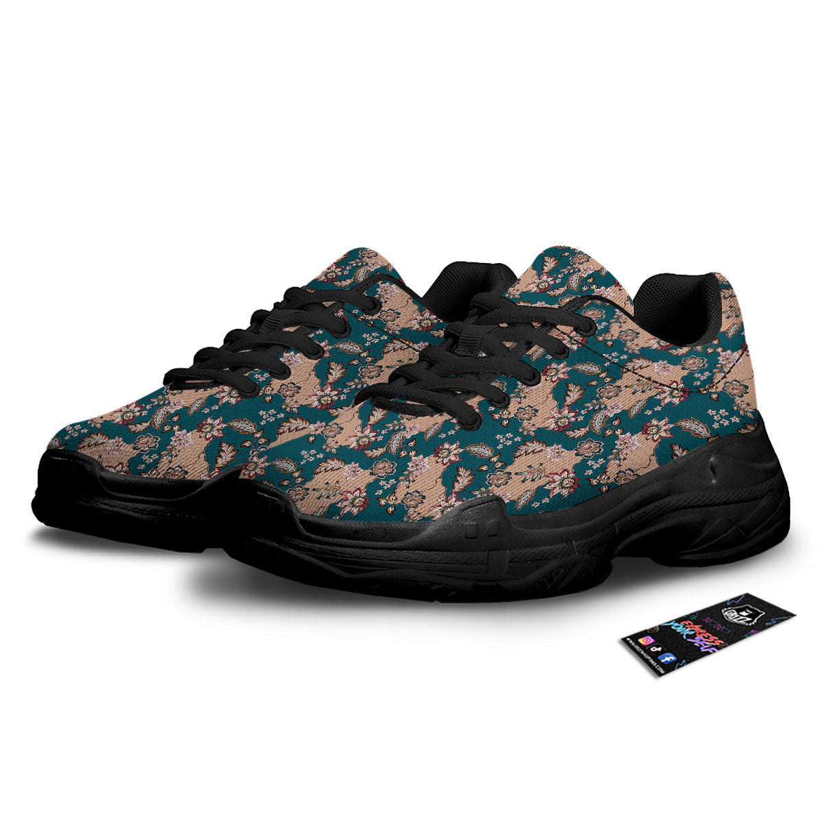 Damask Teal And Blue Print Pattern Black Chunky Shoes-grizzshop