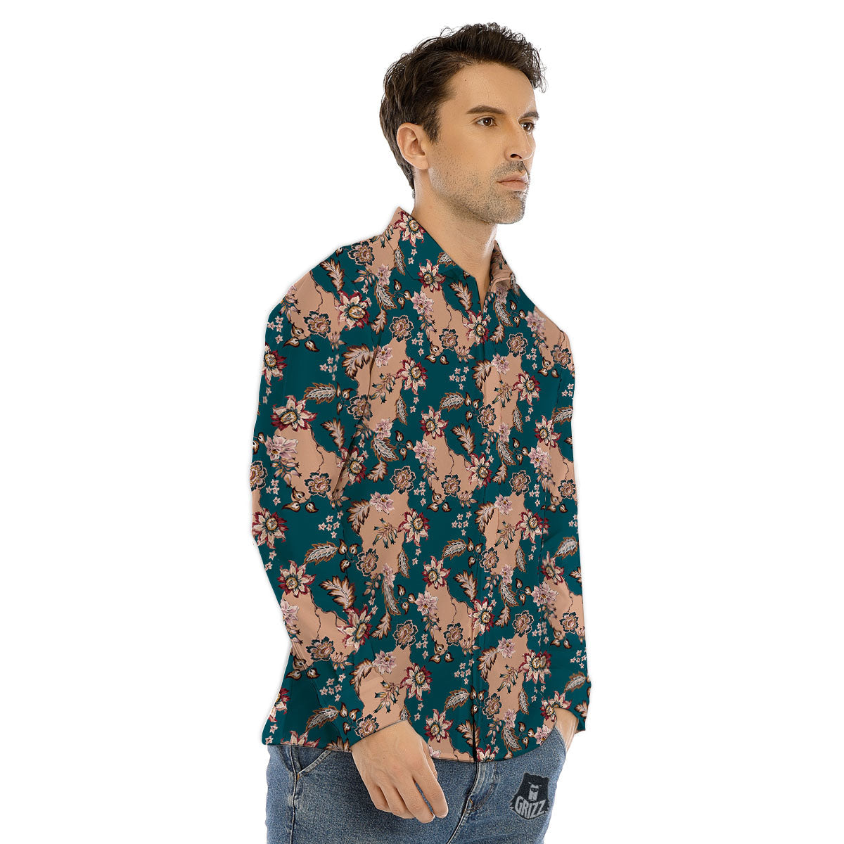 Damask Teal And Blue Print Pattern Men's Dress Shirts-grizzshop