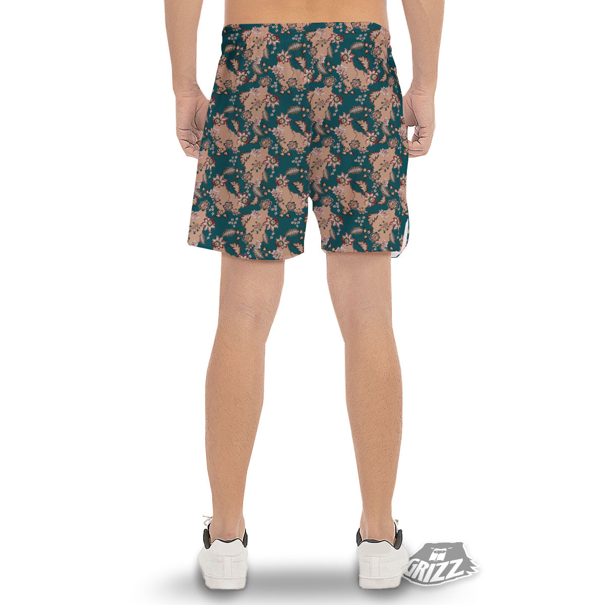Damask Teal And Blue Print Pattern Men's Gym Shorts-grizzshop