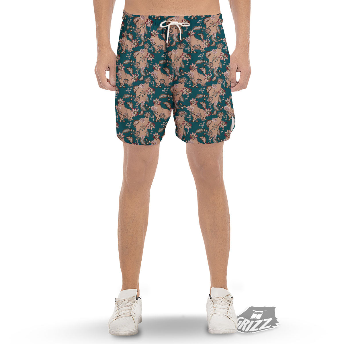 Damask Teal And Blue Print Pattern Men's Gym Shorts-grizzshop