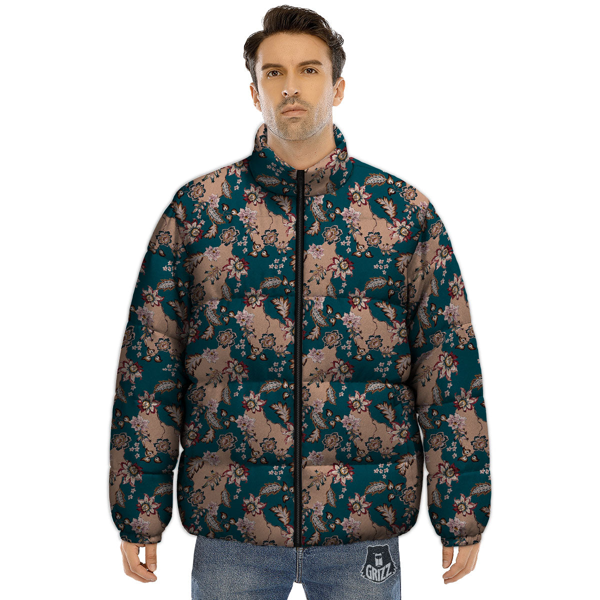 Damask Teal And Blue Print Pattern Puffer Jacket-grizzshop