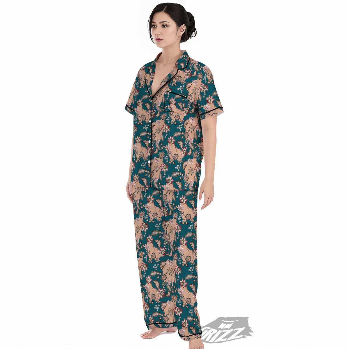 Damask Teal And Blue Print Pattern Women's Pajamas Set-grizzshop