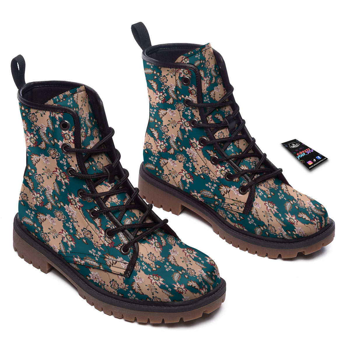 Damask Teal And Blue Print Pattern Work Boots-grizzshop