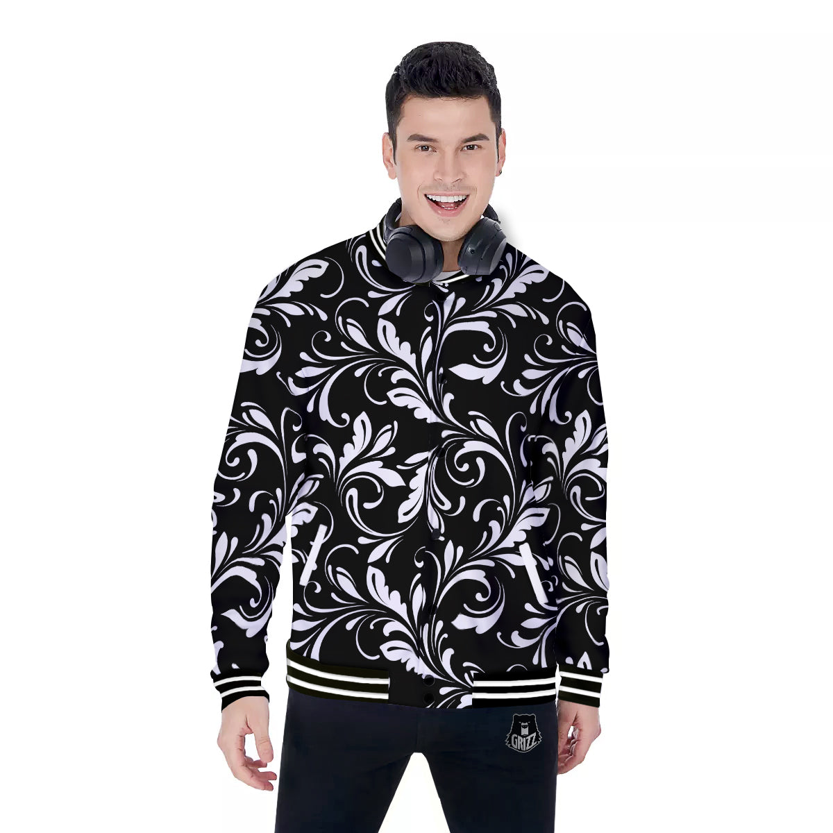 Damask White And Black Print Pattern Baseball Jacket-grizzshop