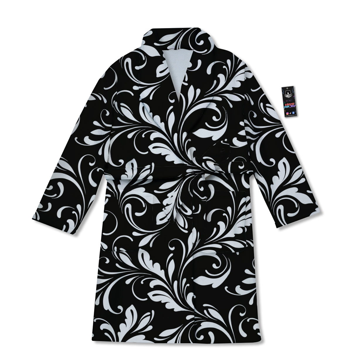 Damask White And Black Print Pattern Bathrobe-grizzshop