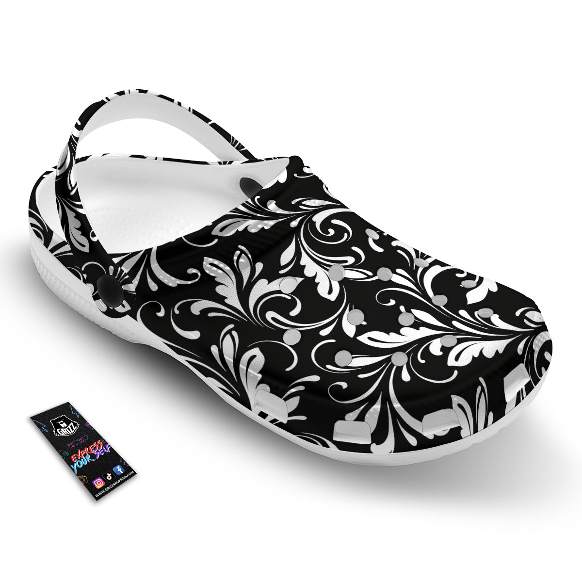 Damask White And Black Print Pattern Clog-grizzshop