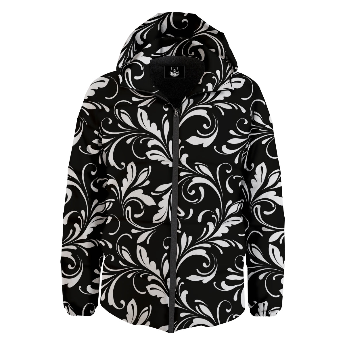 Damask White And Black Print Pattern Down Jacket-grizzshop