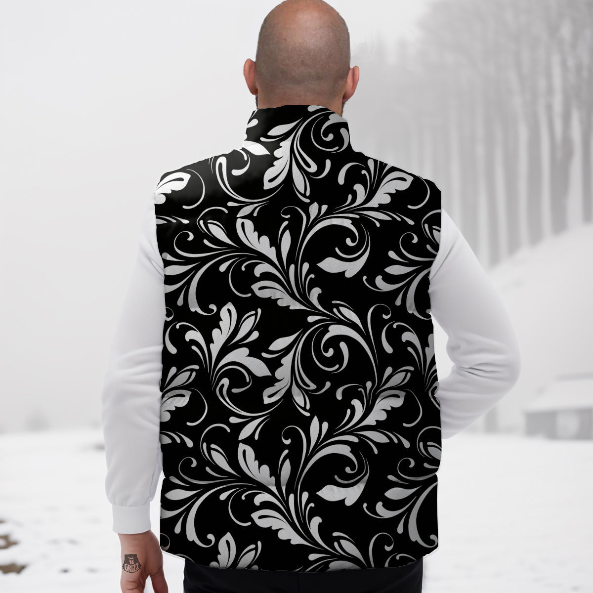 Damask White And Black Print Pattern Down Vest