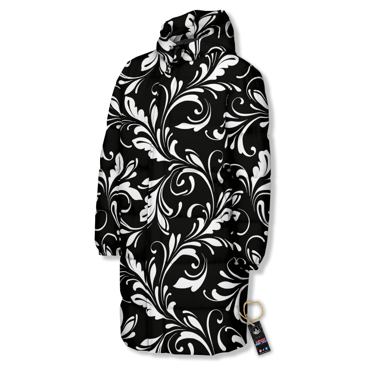 Damask White And Black Print Pattern Long Down Jacket-grizzshop