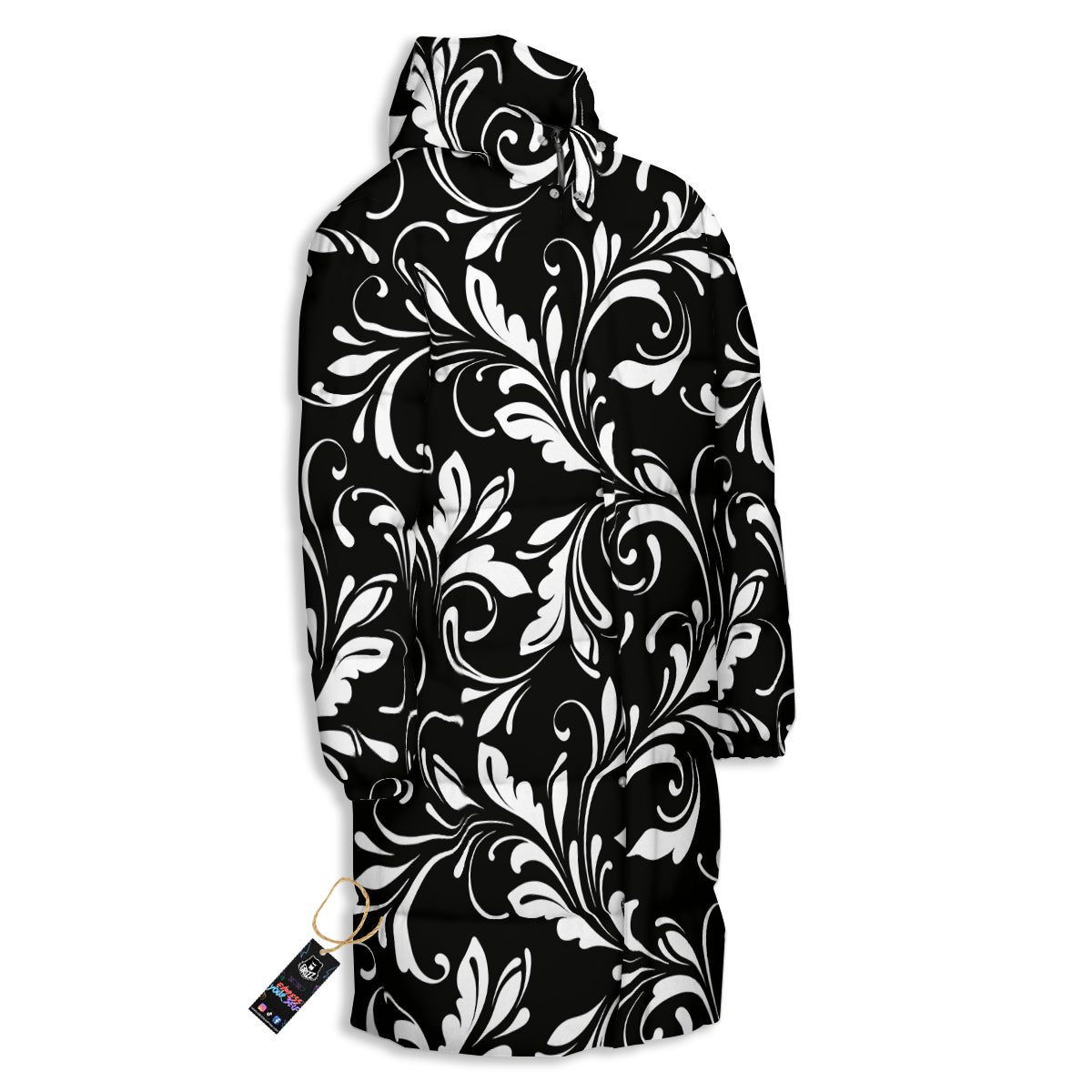 Damask White And Black Print Pattern Long Down Jacket-grizzshop