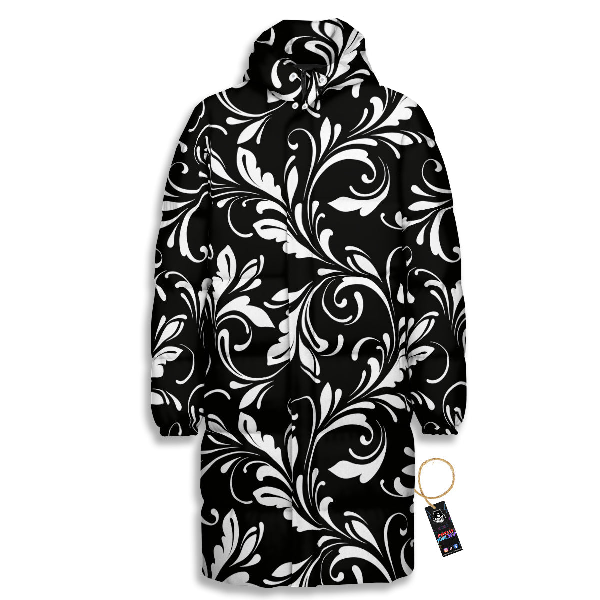 Damask White And Black Print Pattern Long Down Jacket-grizzshop