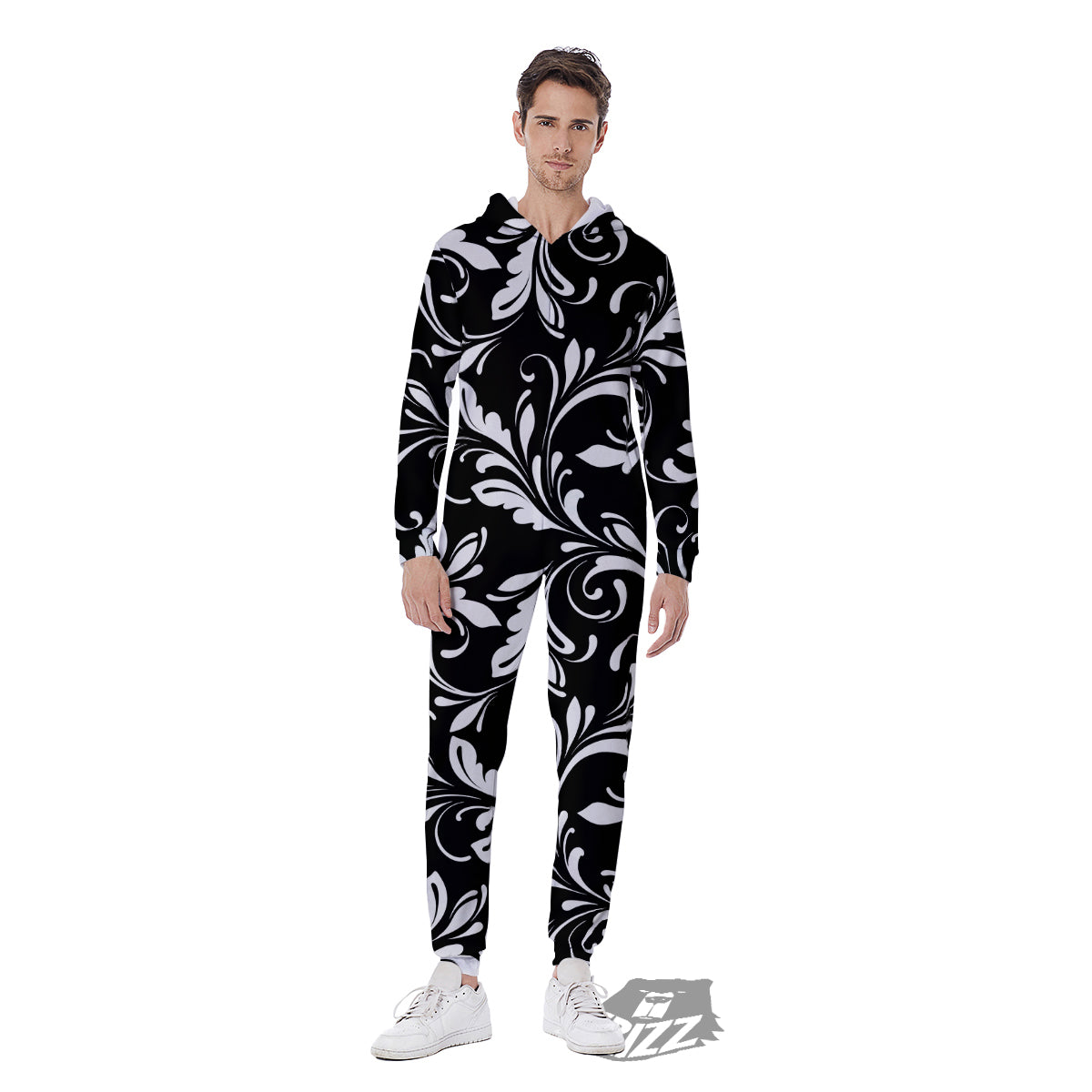 Damask White And Black Print Pattern Men's Jumpsuit-grizzshop